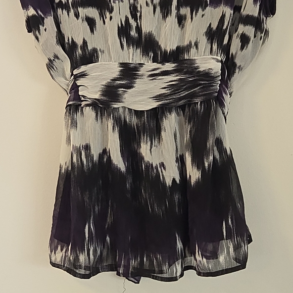 Reitmans XL Purple Black White Ikat Chiffon Cap Sleeve Blouse Belted - Picture 2 of 12